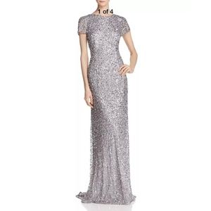 New Adrianna Papell Sequin Scoop Back Gown Silver